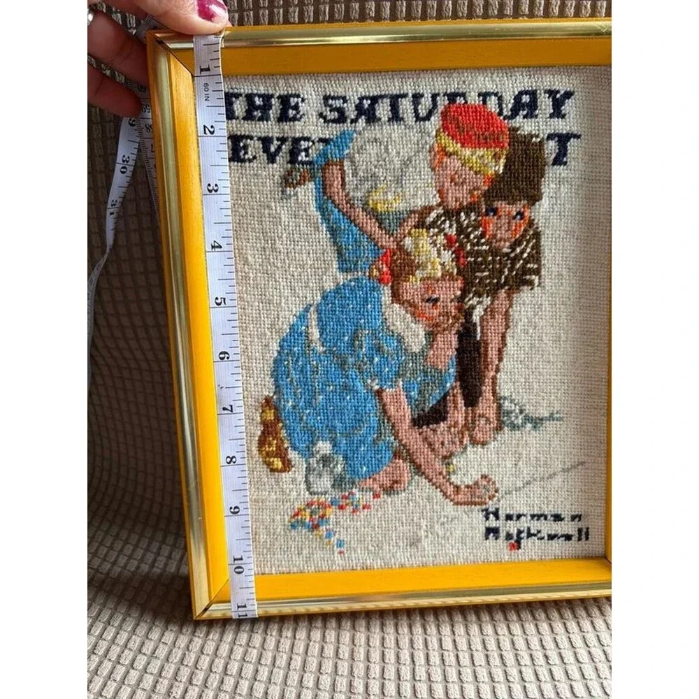 Vintage Norman Rockwell Needlepoint The Marble Champion Framed Saturday Evening